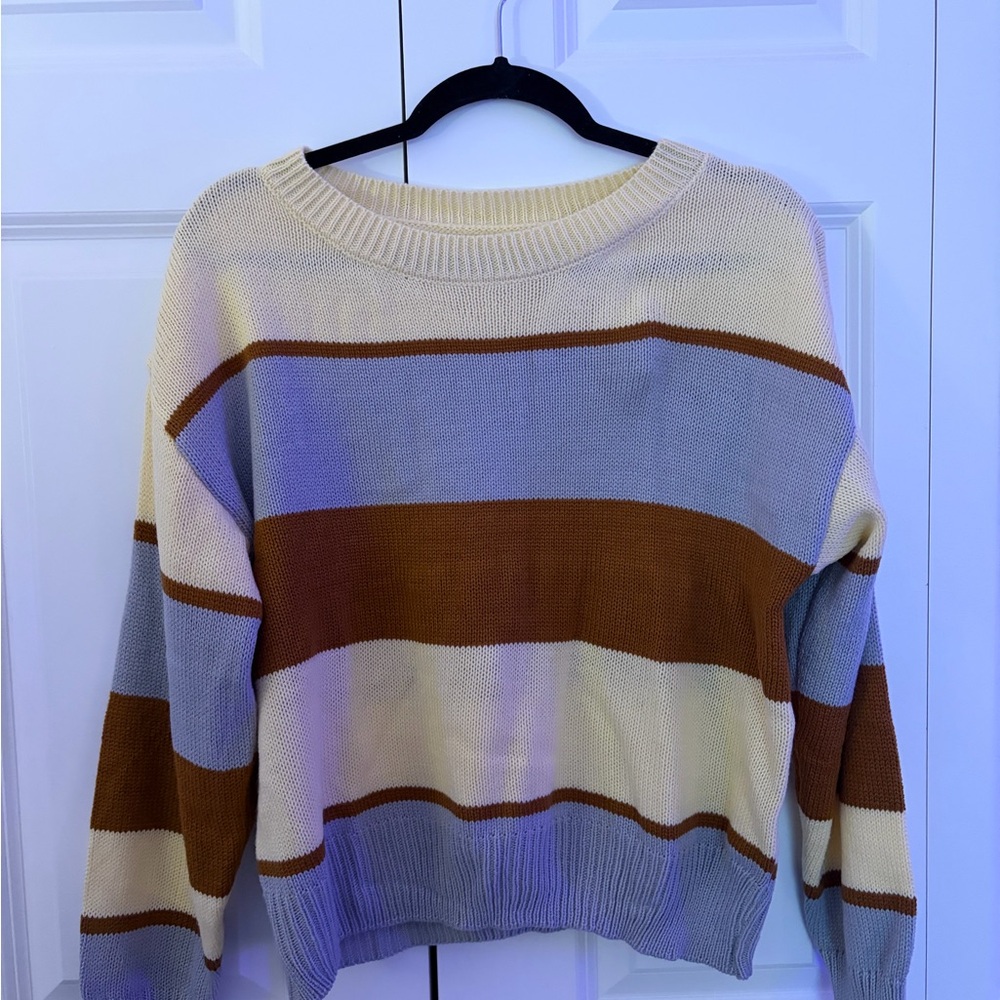 Cozy Striped Cream, Blue, and Brown Sweater